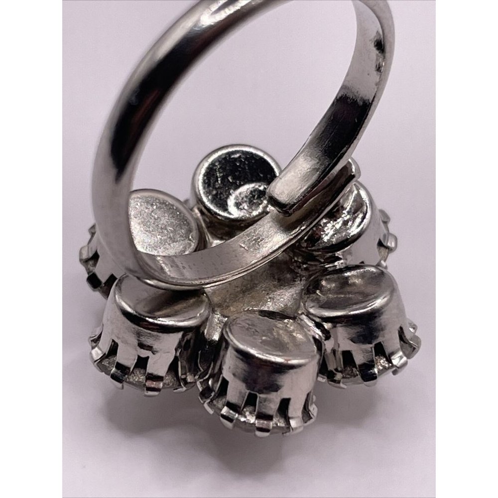 Vintage Clear Rhinestone Prong Set Adjustable Flower‎ Ring Silver Tone 3D Floral - Picture 14 of 15